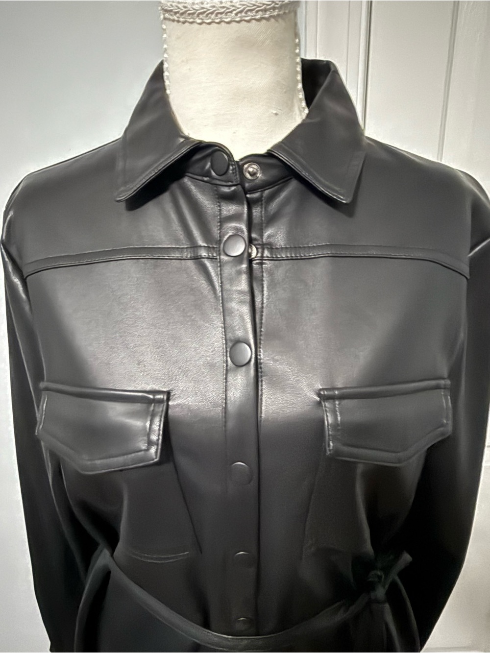Black Faux-Leather Trench Coat Dress with Self-Tie Belt - Picture 3 of 3